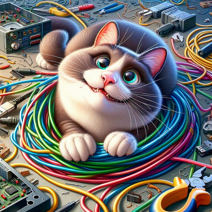 Mischievous Cat Tangled in Colorful Wires