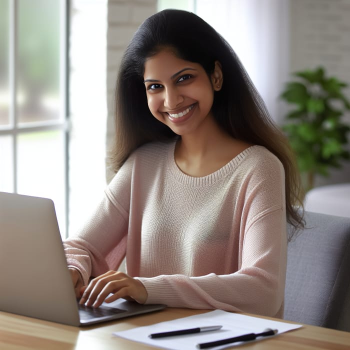 Smiling South Asian Woman Working on Computer