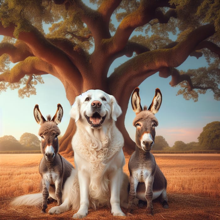 White Golden Retriever and Donkeys in Serene Field