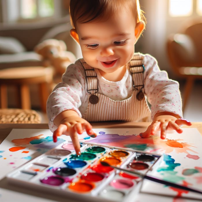 Joyful Baby Playing with Watercolor Pastels