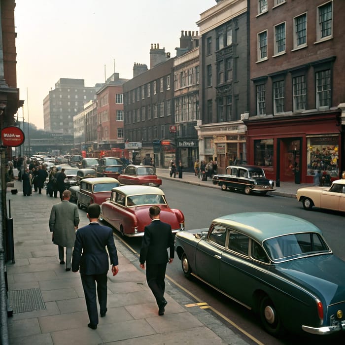 1960s London Street with Classic Cars and Suited People