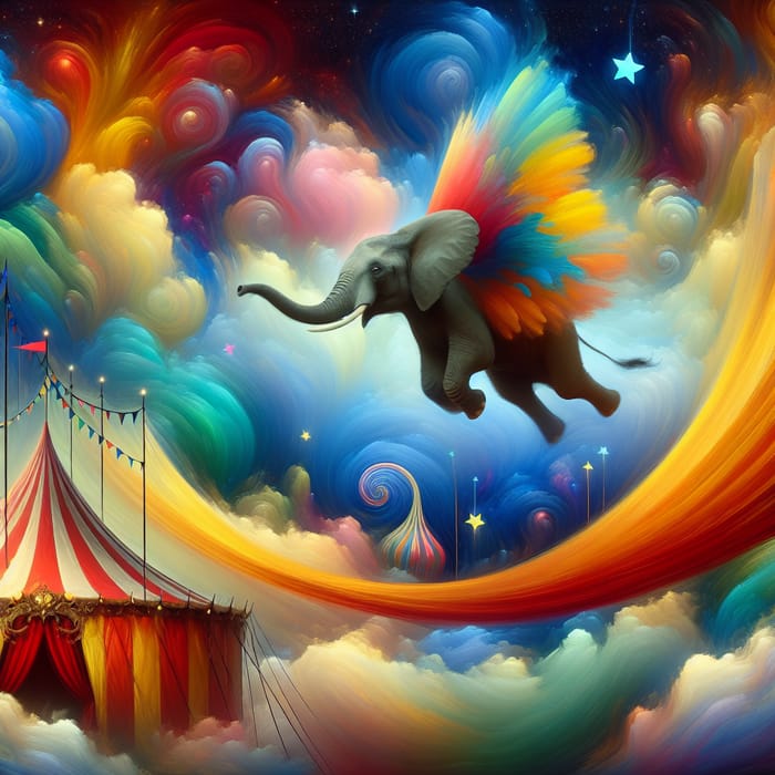 Vibrant Circus Dreamscape: Flying Elephant in Fantasy Tent