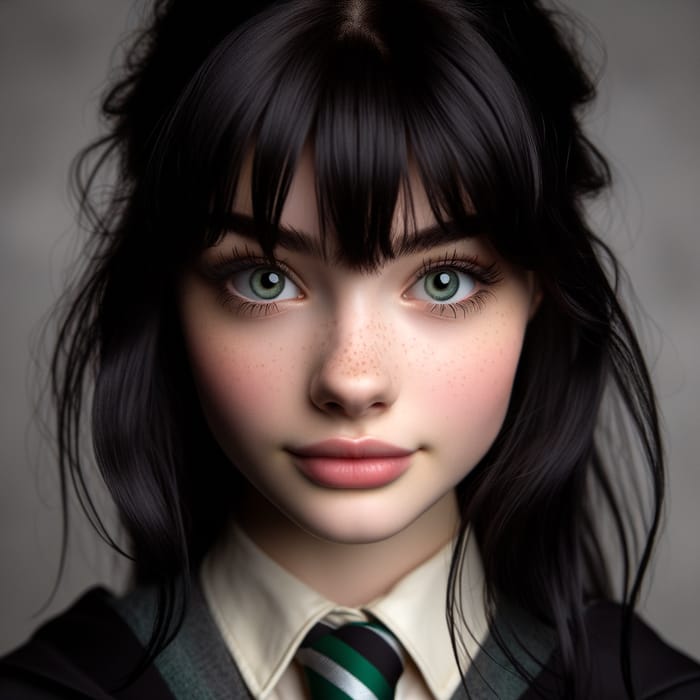 13-Year-Old English Girl with Black Hair and Purple Eyes in Slytherin Uniform