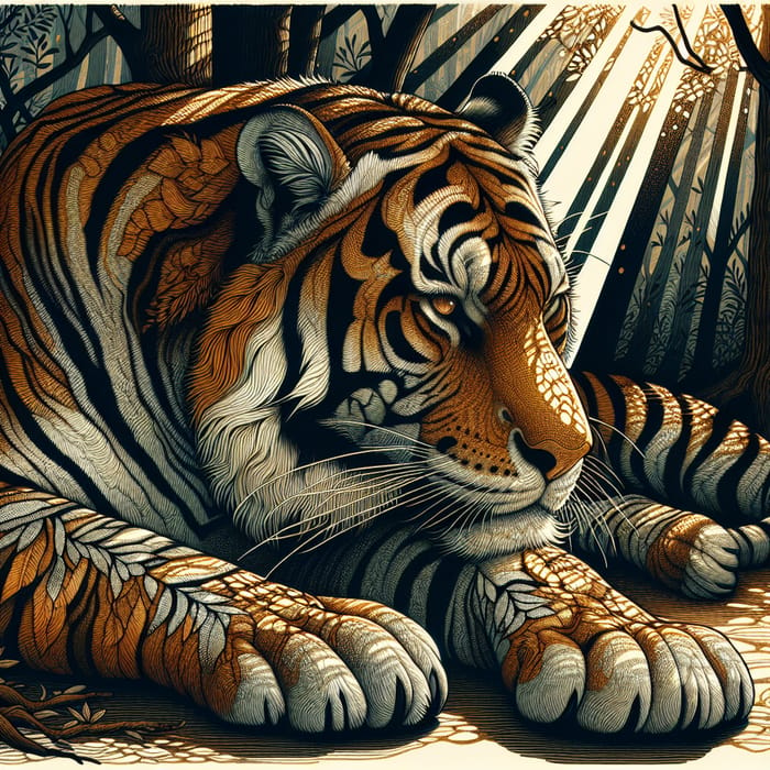 Sleepy Tiger in Tranquil Forest | Majestic Orange and Black Stripes