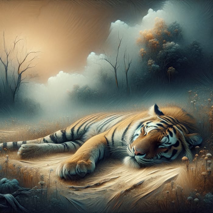 Peaceful Tiger Sleeping in Dreamlike Landscape