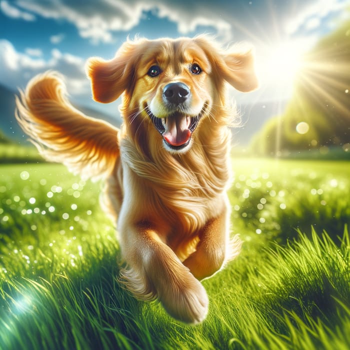 Happy Golden Retriever Frolicking in Green Meadow