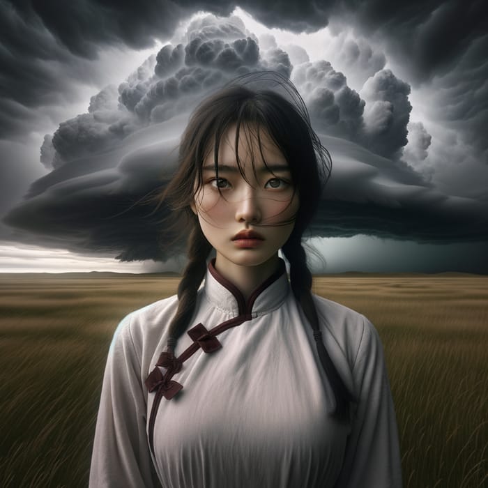 Chinese Girl on Vast Grassland | Dramatic View Amidst Ominous Storm