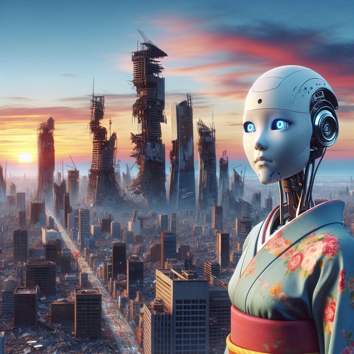 Robot Japanese Girl Observes City Collapse