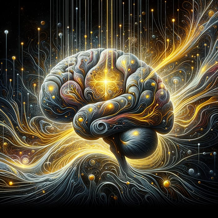 Intricate Brain Neuro Science and Flow Art in Black, Yellow, Gold