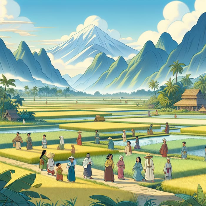 Rice Field and Majestic Mountain Vista | Traditional Peaceful Characters