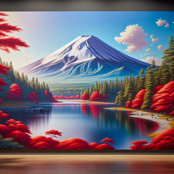 Dormant Fujiyama Volcano and Red Trees by the Lake - Realism 8K