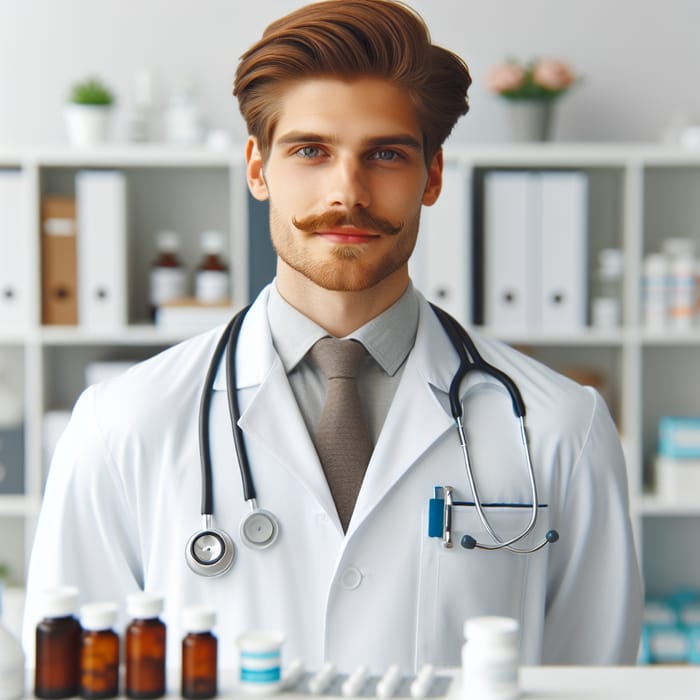 Caucasian Male Doctor with Red Hair and Mustaches in Clinical Setting