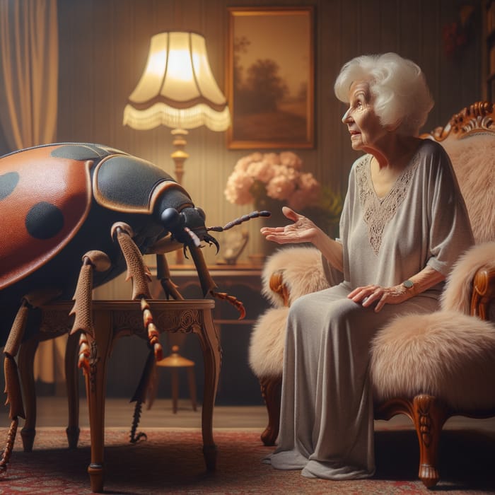 Enchanting Encounter: Elderly Lady Conversing with Giant Insect