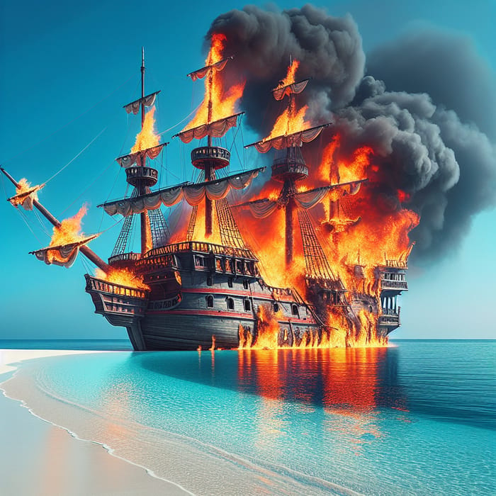 Pirate Ship Ablaze on Serene White Sand Beach