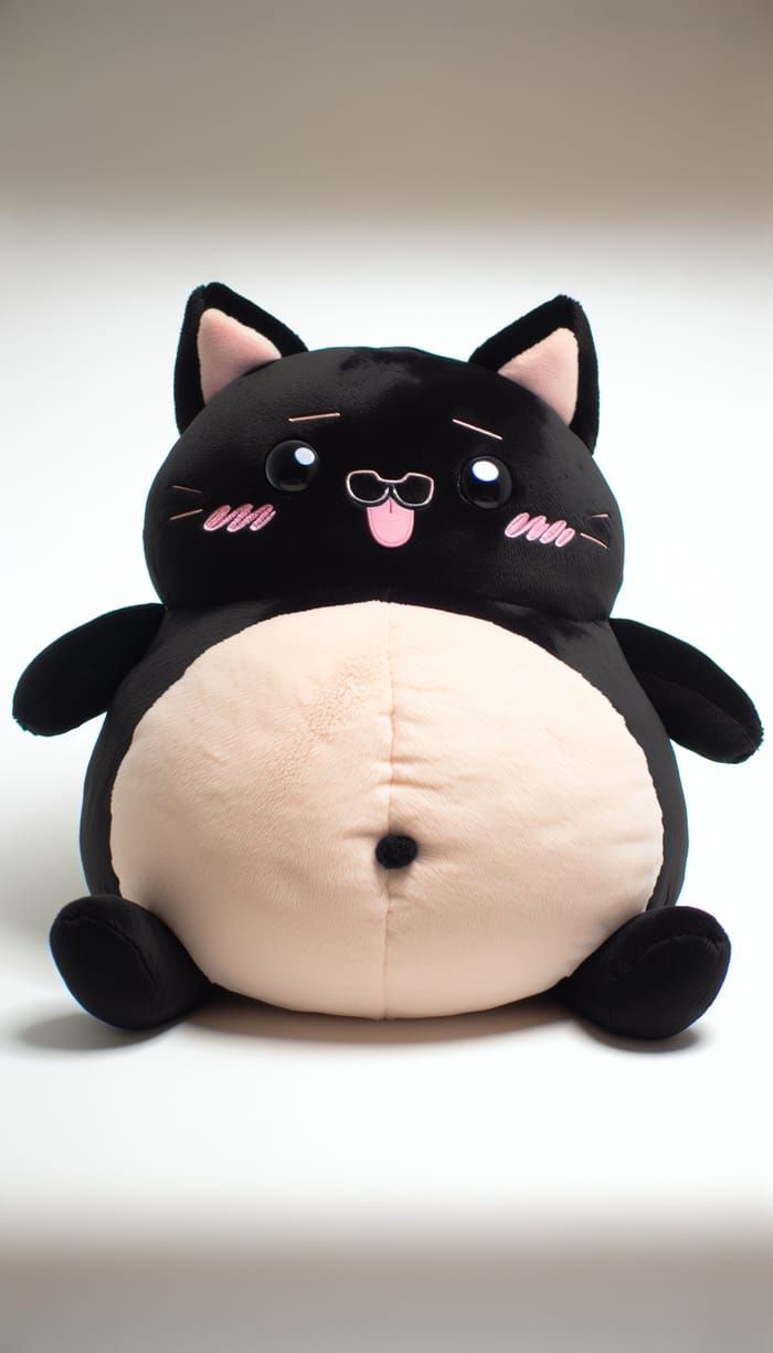 Cute Black Stuffed Toy Cat with Enlarged Belly and Funny Expression