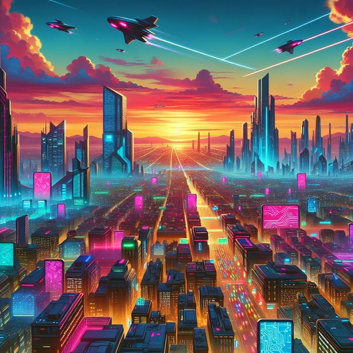 Neon Cyberpunk Cityscape at Sunset | Vibrant Futuristic Metropolis