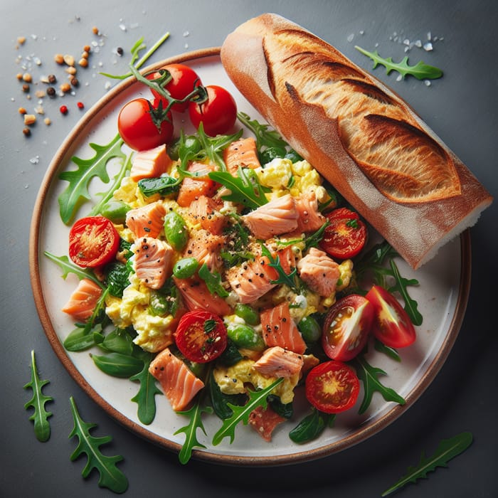 Delicious Salmon Scramble with Arugula & Tomatoes