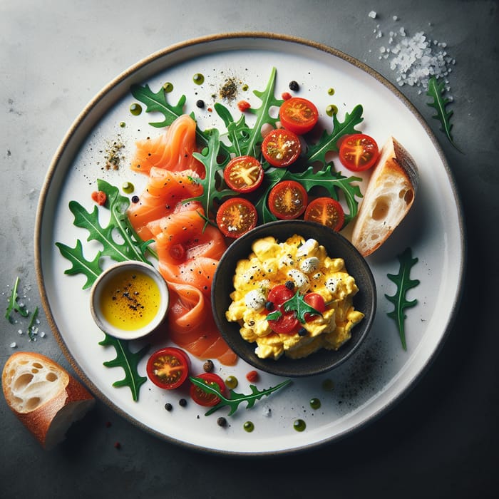 Scrambled Eggs with Salmon, Tomatoes & Arugula