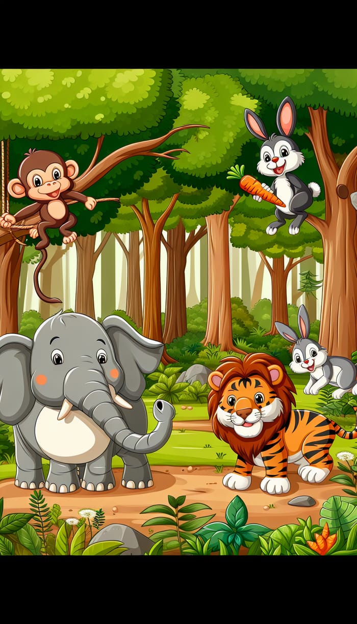 Cartoon Forest Animals Clipart - Joyful Wildlife Scene