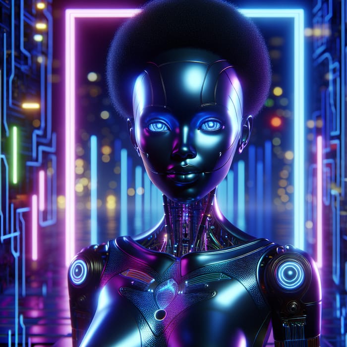 Neon African Female Robot in Futuristic Scenario