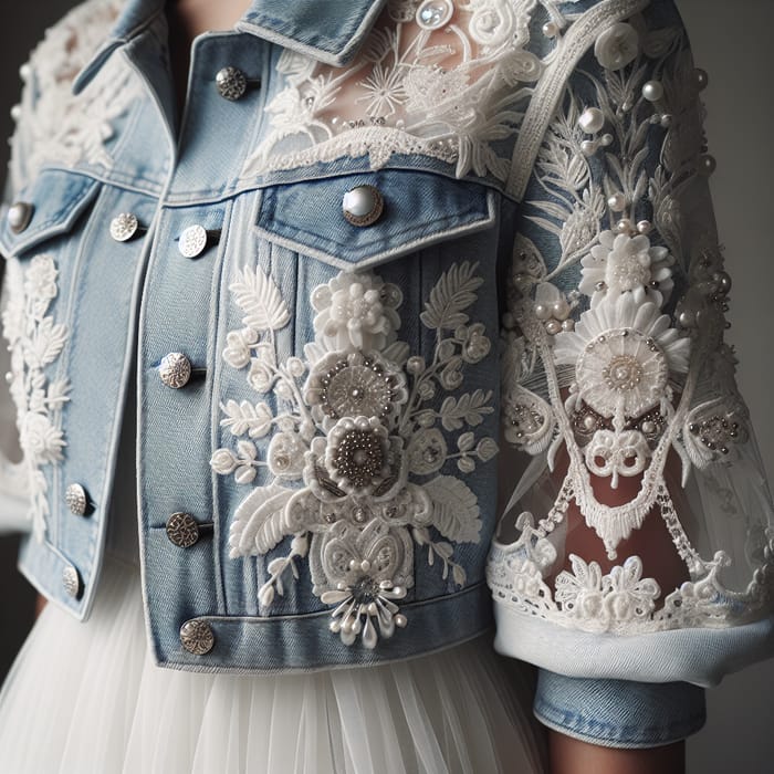 White Lace Beaded Denim Jacket - Soft & Fitted Design