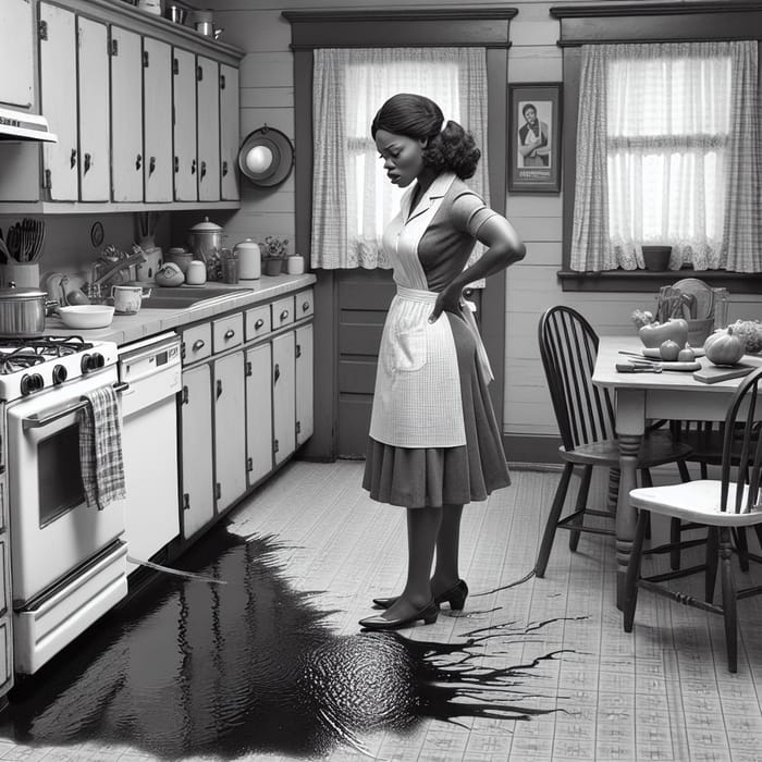 Annoyed Black Woman Sees Dishwasher Leak in Traditional Kitchen