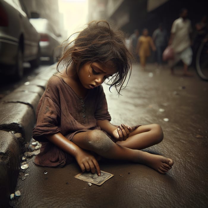 Heartbreaking Image of a Homeless Child Crying on the Street