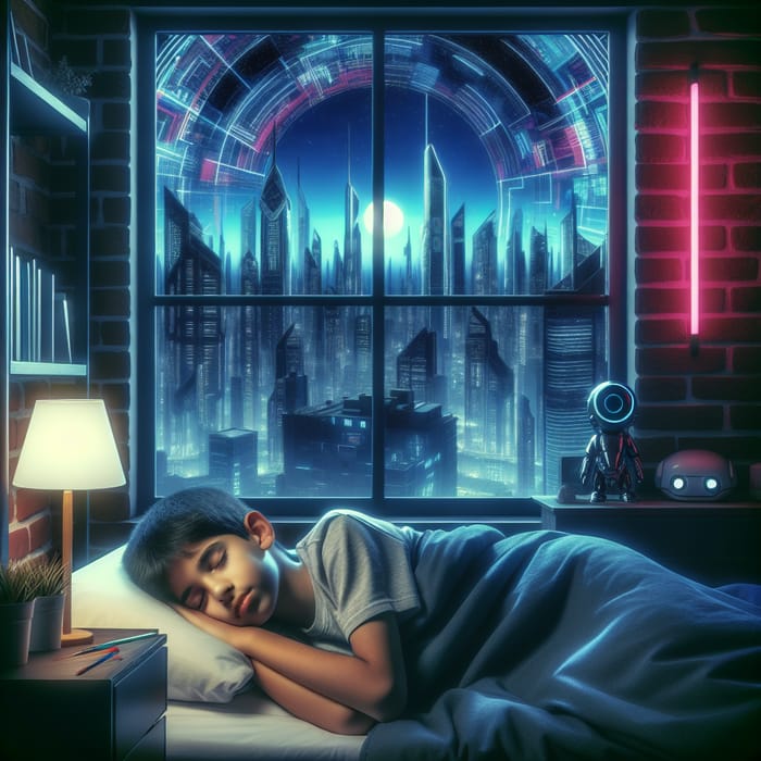 Hispanic Boy Sleeping in Cyberpunk Room