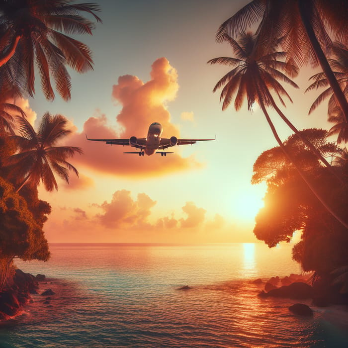 Airplane Flight Over Sea and Palm Trees