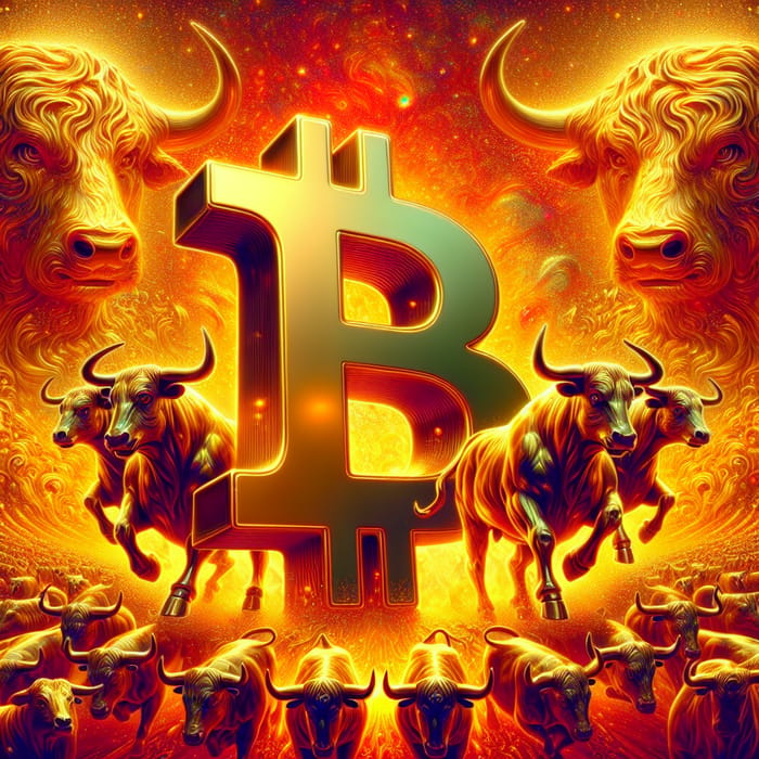 Bitcoin Symbol Surrounded by Golden Bulls