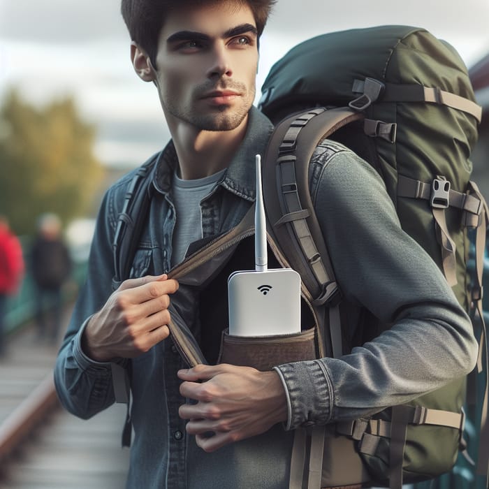 Man with Backpack: Pocket WiFi Router