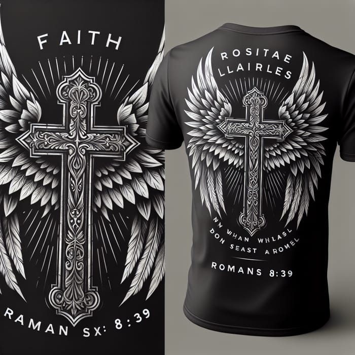 Faith Tees Logo Cross Wings T-Shirt with Romans 8:39 Verse