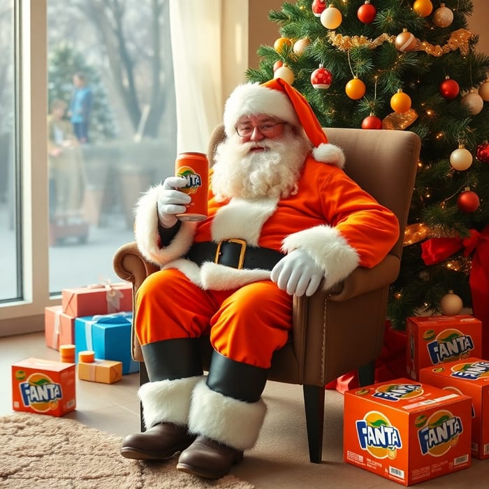 Santa Claus in Orange Suit with Fanta by Christmas Tree