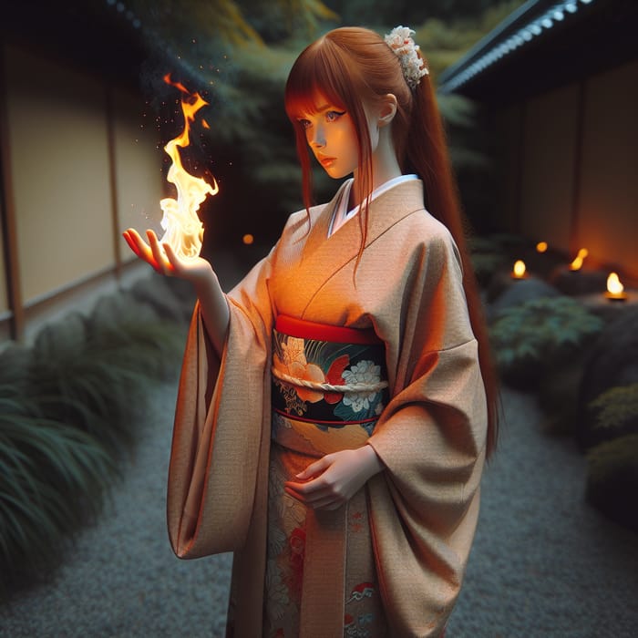 Red-Haired Girl Mastering Fire in Japanese Attire