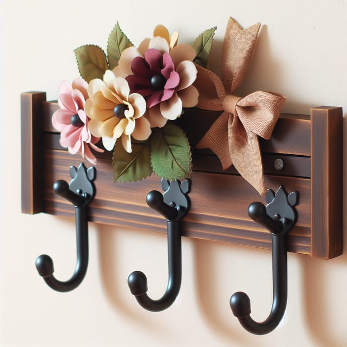 Handcrafted Wooden Coat Rack with Floral Accents | Wall Decor