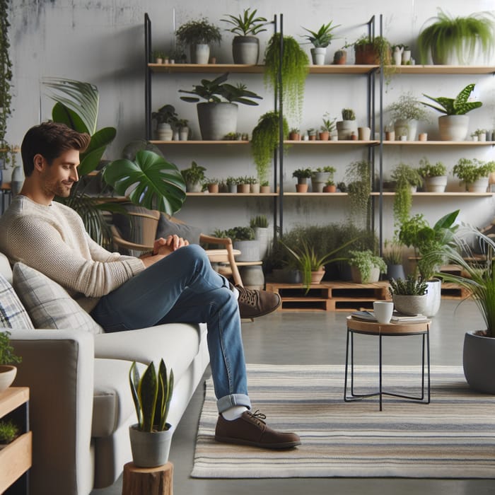 Cozy Room with Man Relaxing on Couch and Lush Greenery