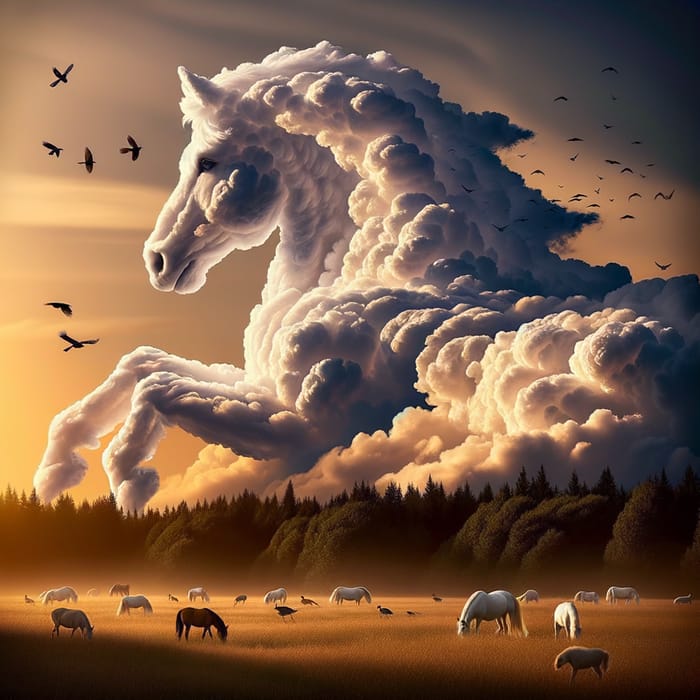 Majestic Cloud Stallion in Enchanting Afternoon Scene | Wildlife Meadow