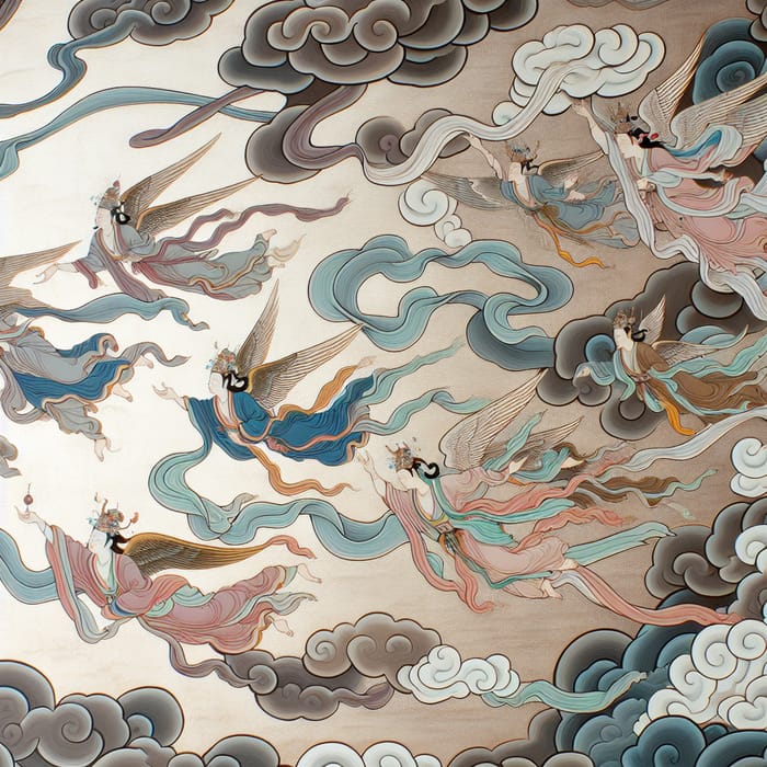 Dunhuang-Inspired Poster with Celestial Beings in Flight