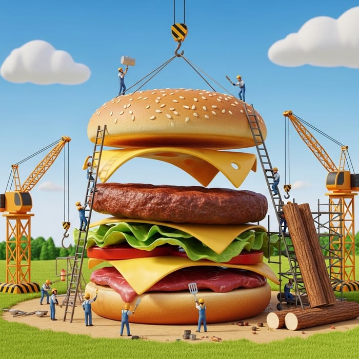 Whimsical Giant Burger Construction Scene Whimsical Giant Burger Construction Scene