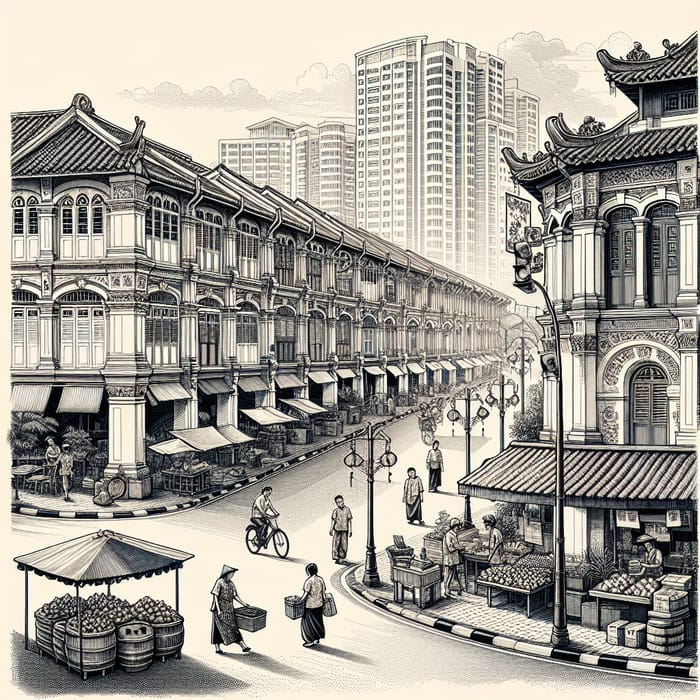 Chinatown Street Scene in Singapore: Ink Sketch Art