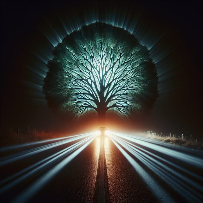 Surreal Tree Headlights Projection in Night Scene