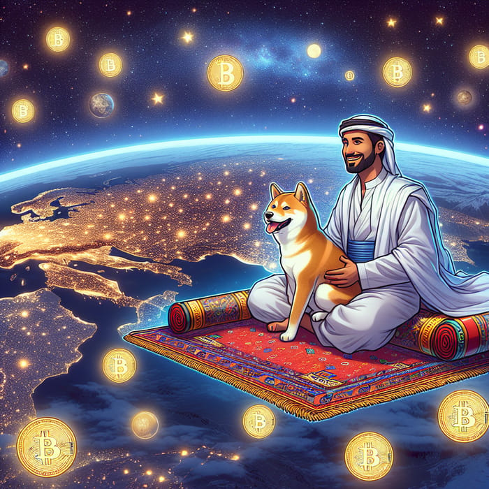 Middle Eastern Prince on Flying Magic Carpet Bonding with Shiba Inu and Cryptocurrency Symbols