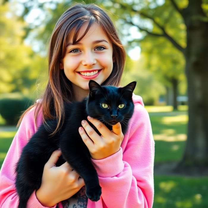 Joyful Teenage Girl with Cat in Pastel Hues