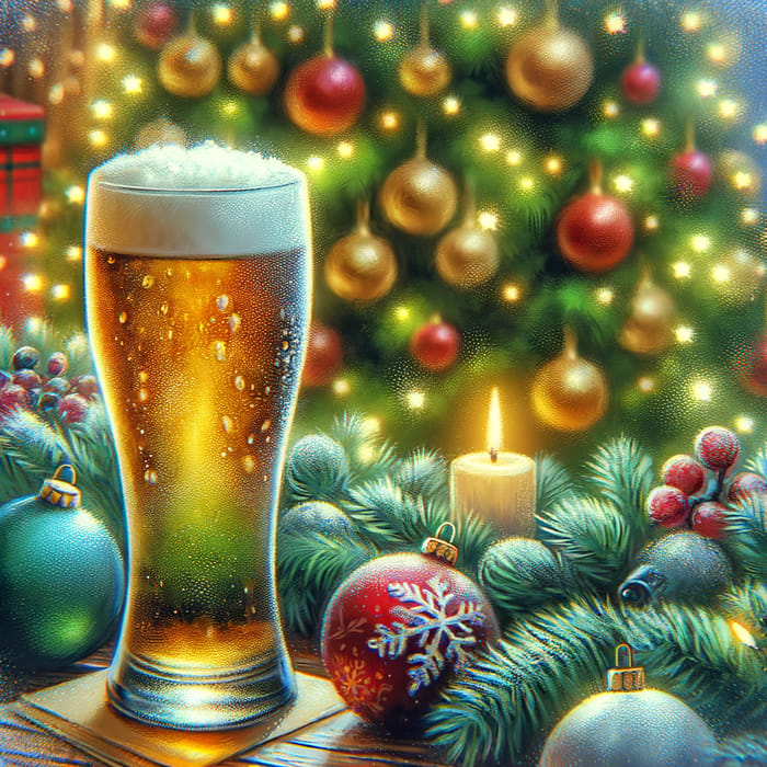 Frosty Beer Glass & Christmas Tree - Vibrant Holiday Scene