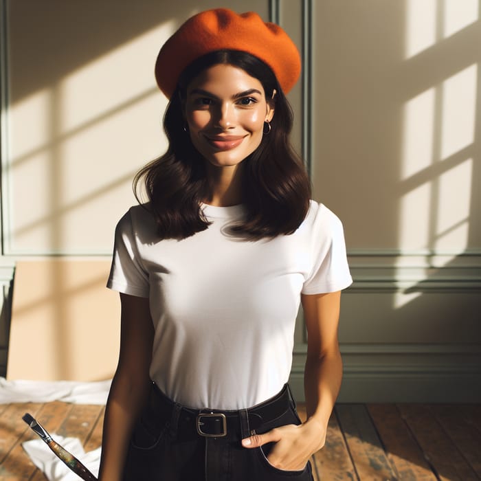 Confident Hispanic Woman in Orange Beret and White T-shirt