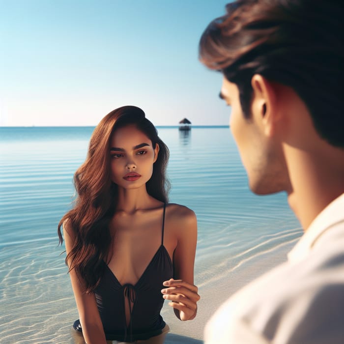 Romantic Ocean Scene: Young South Asian Woman Swimming with Admirer