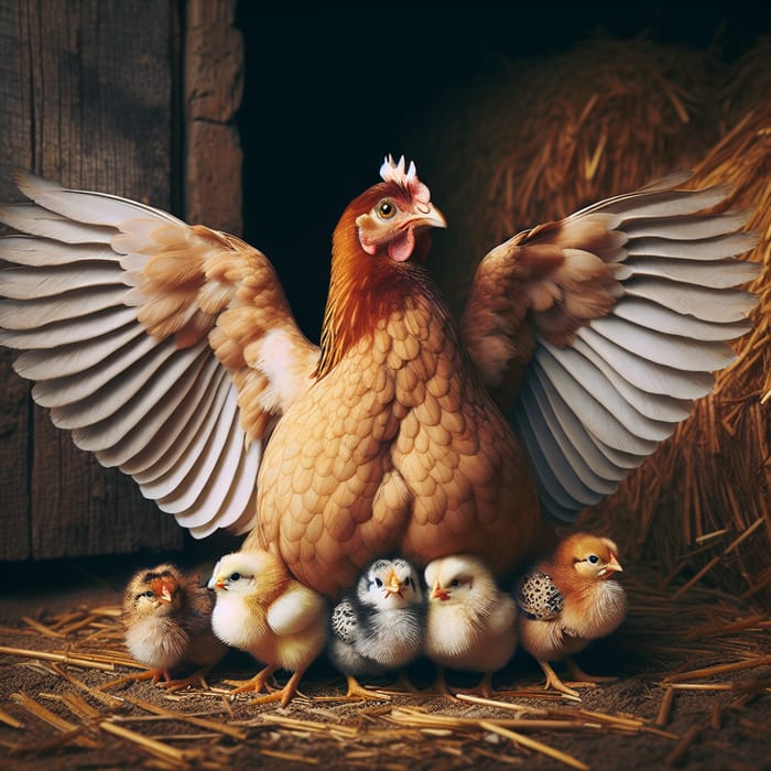 Mother Hen Sheltering Fluffy Chicks | Rustic Barnyard Scene