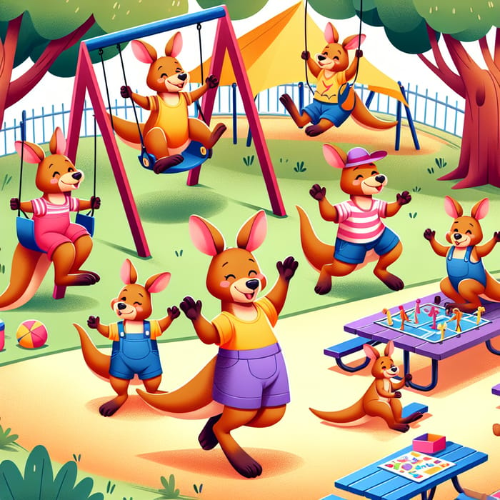 Happy Kangaroo Families Wearing Clothes Playing and Hopping at Playground