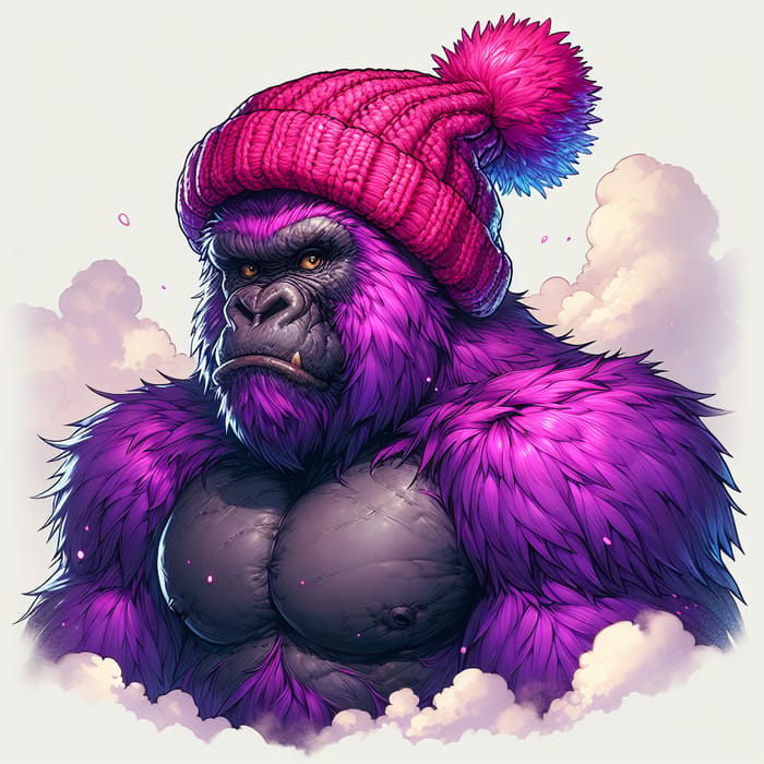 Vibrant Purple Gorilla with Pink Bobble Hat - Anime Style Artwork