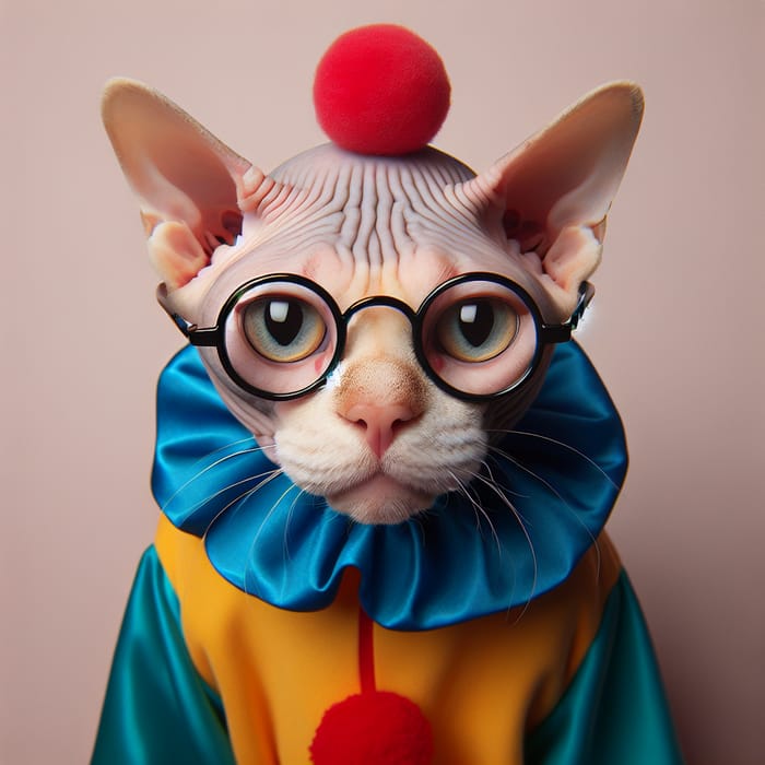 Bald Cat in Clown Suit and Glasses - Fun & Adorable